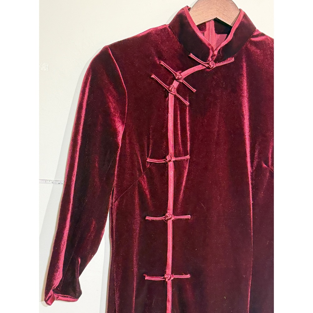 Laogudai Burgundy Velvet Maxi Dress High Slit Frog Closure Y2K Cheongsam Red M